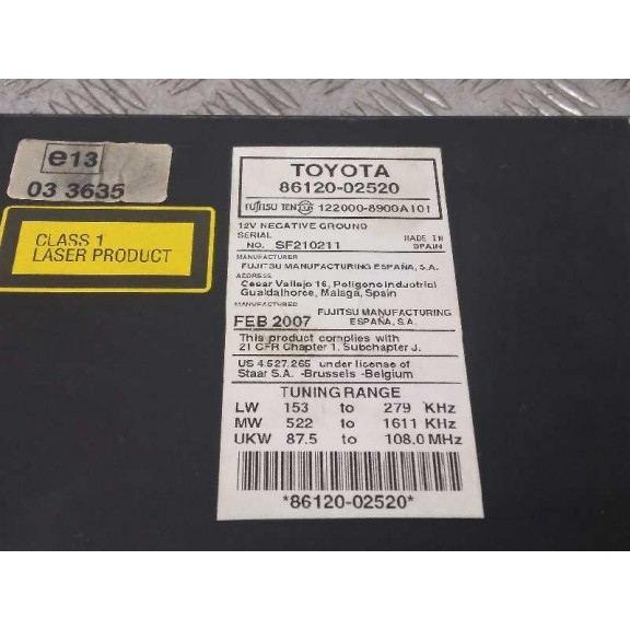 Recambio de sistema audio / radio cd para toyota auris sport referencia OEM IAM 8612002520 1220008900A101 