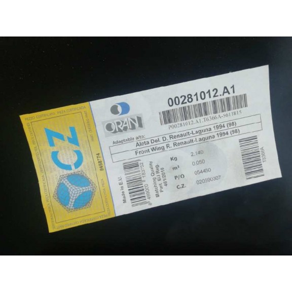Recambio de aleta delantera derecha para renault laguna (b56) referencia OEM IAM  NUEVO 