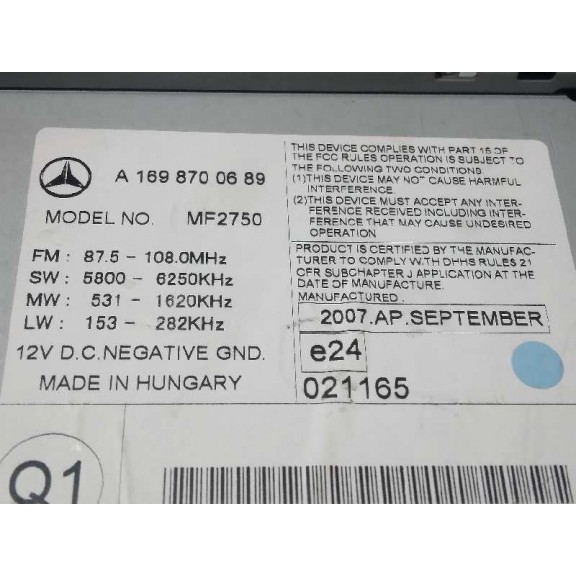 Recambio de sistema audio / radio cd para mercedes-benz clase a (w169) a 200 (169.033) referencia OEM IAM A1698700689  