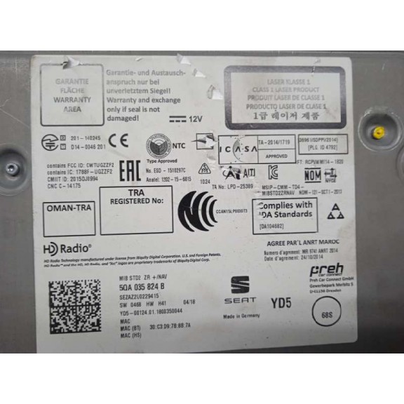 Recambio de sistema audio / radio cd para seat arona fr referencia OEM IAM 5QA035824B UNDAD SD/CD 