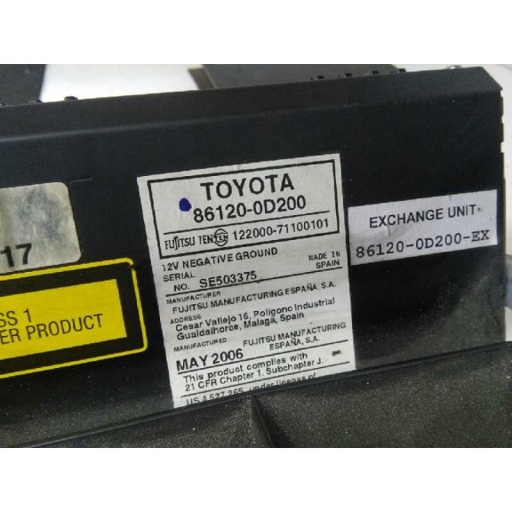 Recambio de sistema audio / radio cd para toyota yaris (ksp9/scp9/nlp9) blue referencia OEM IAM 861200D200  