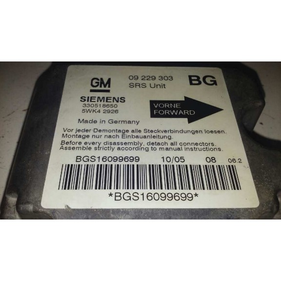Recambio de centralita airbag para opel zafira a blue line referencia OEM IAM 09229303  