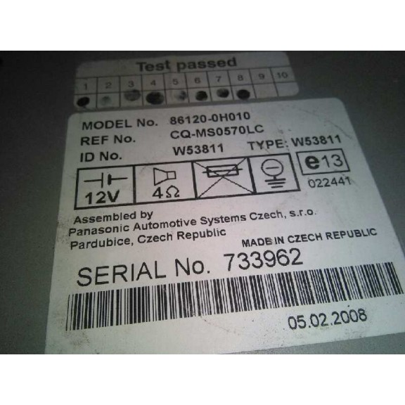 Recambio de sistema audio / radio cd para toyota aygo (kgb/wnb) básico referencia OEM IAM 861200H010  