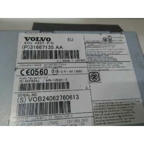 Recambio de sistema audio / radio cd para volvo v40 inscription referencia OEM IAM 31667135AA  SOLO CUERPO