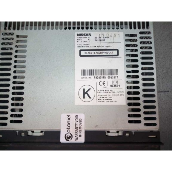 Recambio de sistema audio / radio cd para nissan qashqai (j10) acenta referencia OEM IAM 28185JD00A  