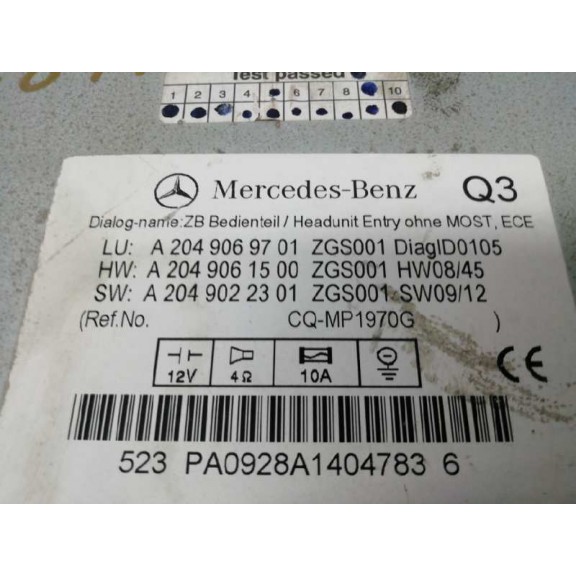 Recambio de sistema audio / radio cd para mercedes-benz clase c (w204) berlina c 200 cdi blueefficiency (204.001) referencia OEM