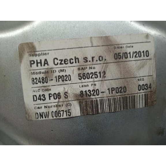 Recambio de elevalunas delantero derecho para kia venga basic referencia OEM IAM 824801P020 824801P020 2 PINS 5P