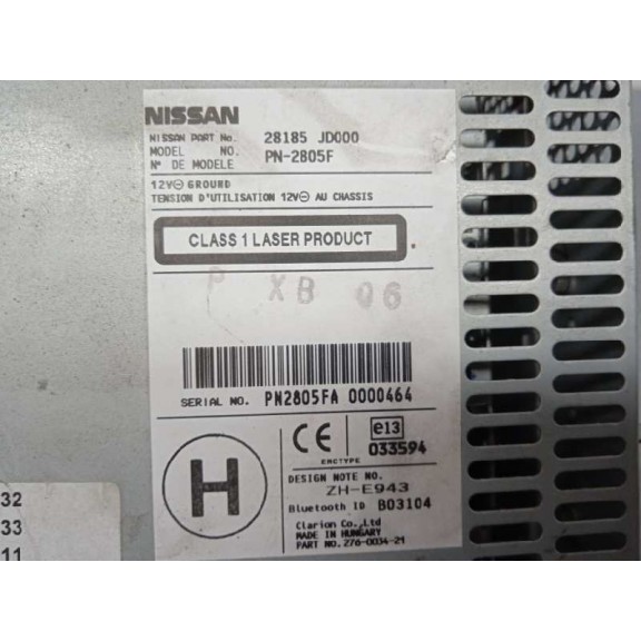 Recambio de sistema audio / radio cd para nissan qashqai (j10) acenta referencia OEM IAM 28185JD000 PN2805F 28185JD000