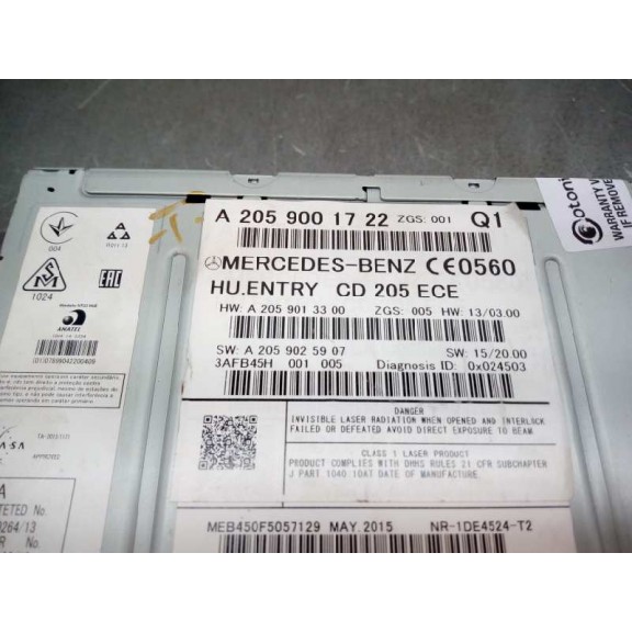 Recambio de sistema audio / radio cd para mercedes-benz clase c w205 c200 bluetec referencia OEM IAM A2059001722 CAJA 