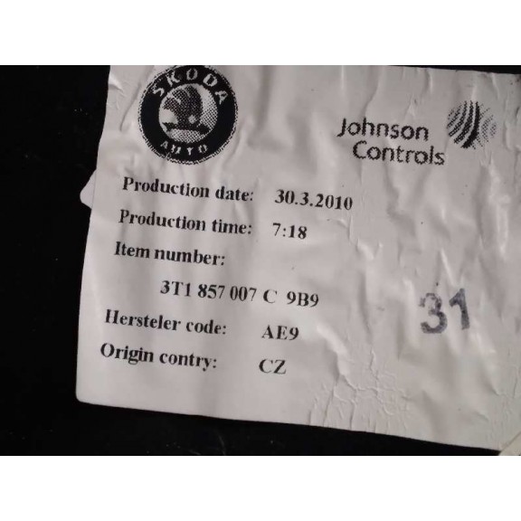 Recambio de kit airbag para skoda superb combi (3t5) 2.0 tdi dpf referencia OEM IAM 3T1857007C  