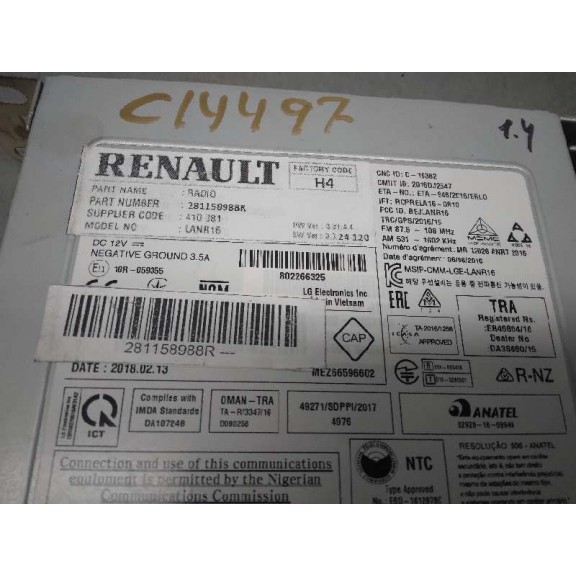 Recambio de sistema audio / radio cd para renault megane iv berlina 5p limited referencia OEM IAM 281158988R CAJA 