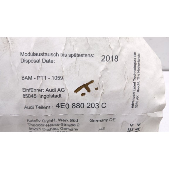 Recambio de airbag delantero derecho para audi a8 (4e2) 3.7 quattro referencia OEM IAM 4e0880203c  