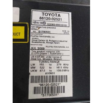 Recambio de sistema audio / radio cd para toyota auris active referencia OEM IAM 8612002521  